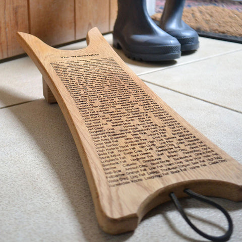 Oak Boot Jack engraved with the Wainwright Fells